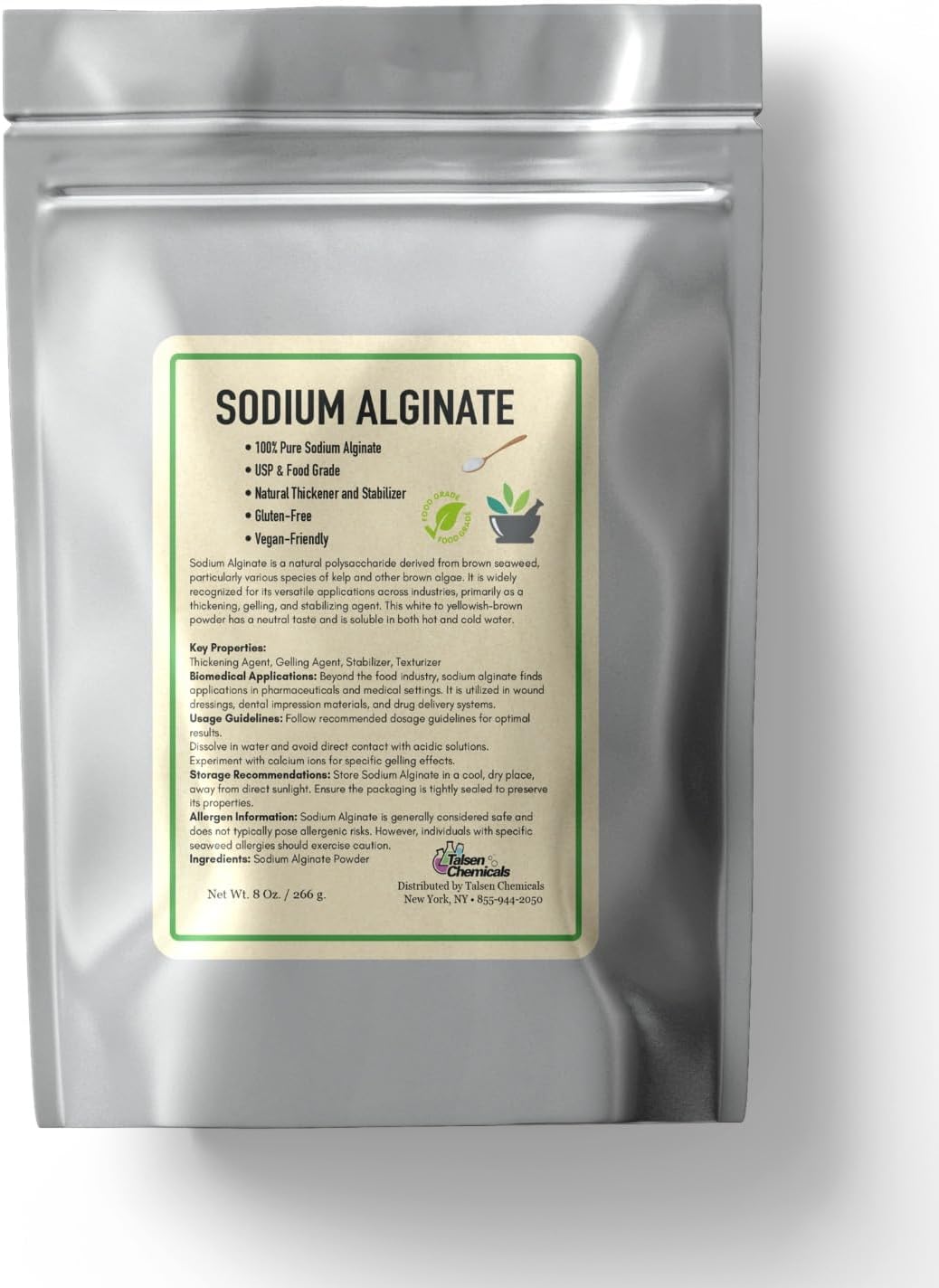 Sodium Alginate (8 Ounce / 226 Grams) Pure Sodium Alginate Powder Food Grade Powder for Thickening, Perfect for Making Luxurious Caviar Spheres, Desserts, Meatloaves by Talsen Chemicals (8, Ounces)
