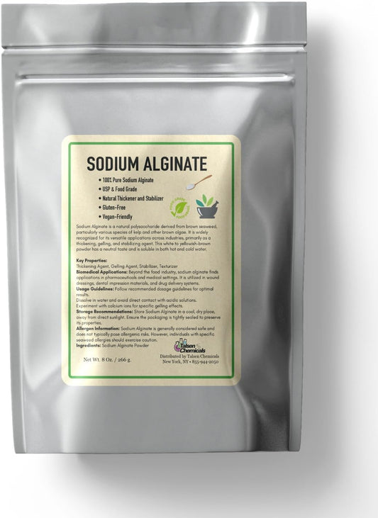 Sodium Alginate (8 Ounce / 226 Grams) Pure Sodium Alginate Powder Food Grade Powder for Thickening, Perfect for Making Luxurious Caviar Spheres, Desserts, Meatloaves by Talsen Chemicals (8, Ounces)