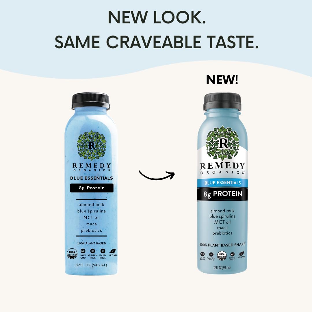 Remedy Organics Blue Essentials 12-Pack | Plant Based 8g Protein Shakes, Ready to Drink | USDA Organic, Gluten Free, Dairy Free, Soy Free