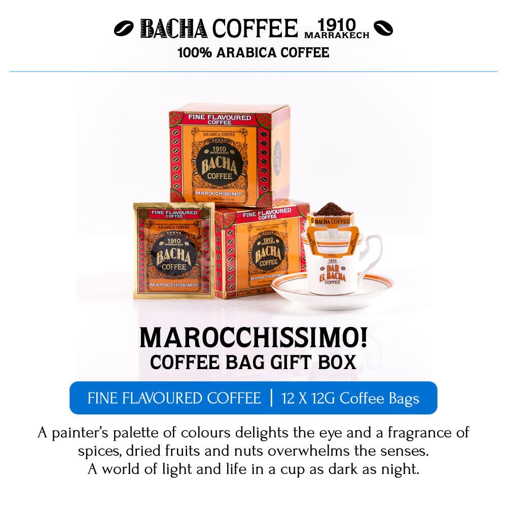 Bacha Coffee | Marocchissimo! Fine Flavoured, Medium Roast, 100% Arabica Specialty Coffee, 12 Coffee Drip Bags, Gift Box