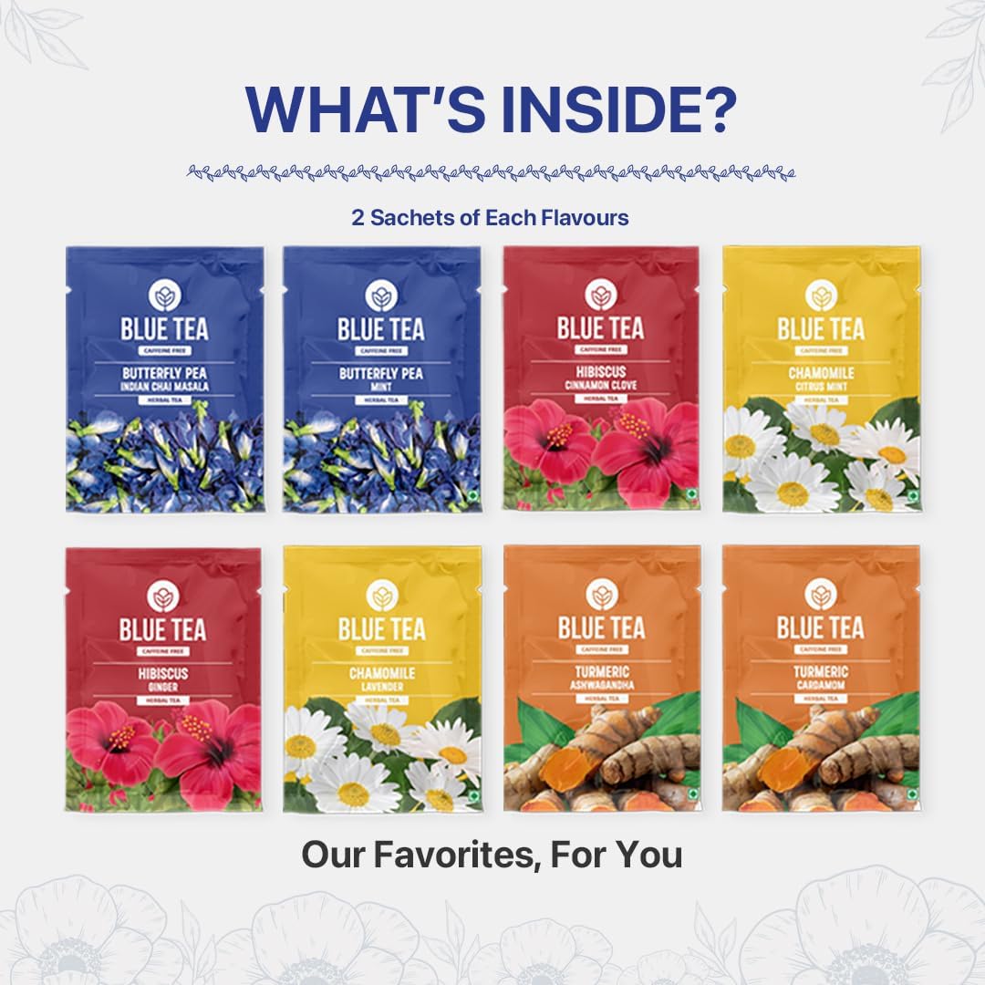 BLUE TEA - Founder’s Favourite Assorted Gift Set | 8 Varieties, 40 Count - Pyramid Plant Based Tea Bag | Caffeine Free - Herbal Tea Sampler | Tea Variety Pack | Gifts for Him and Her