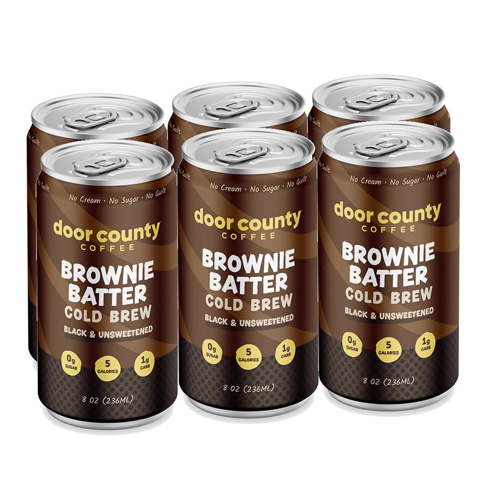 Door County Coffee Brownie Batter Ready to Drink Canned Cold Brew - 8oz - 6 Pack - Cold Pressed Coffee, 5 Calories, Bold & Rich, Flavorful, 145mg Natural Caffeine