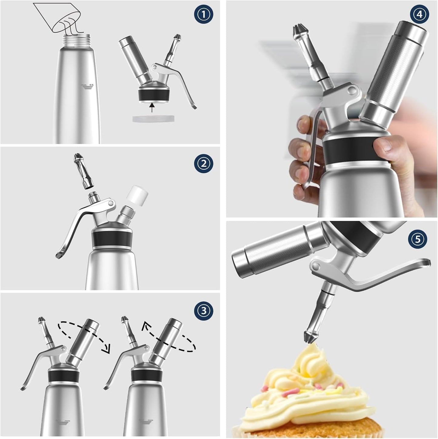 Whipped Cream Dispenser,Aluminum 500ml Whipped Cream Maker,3 Decorating Nozzles,1 Brush,1 Storage Bag,withou N2O Chargers,Sliver