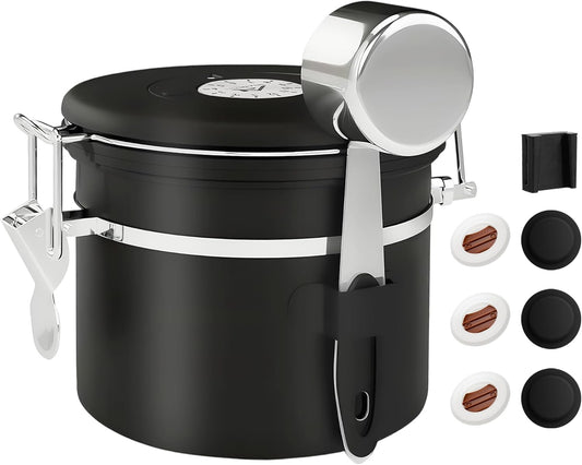 ShanSon Coffee Canister Airtight Coffee Container Stainless Steel Coffee Bean Storage Container with Scoop Coffee Canister for Beans Grounds Sugar Flour Tea Cereal,11OZ, Black