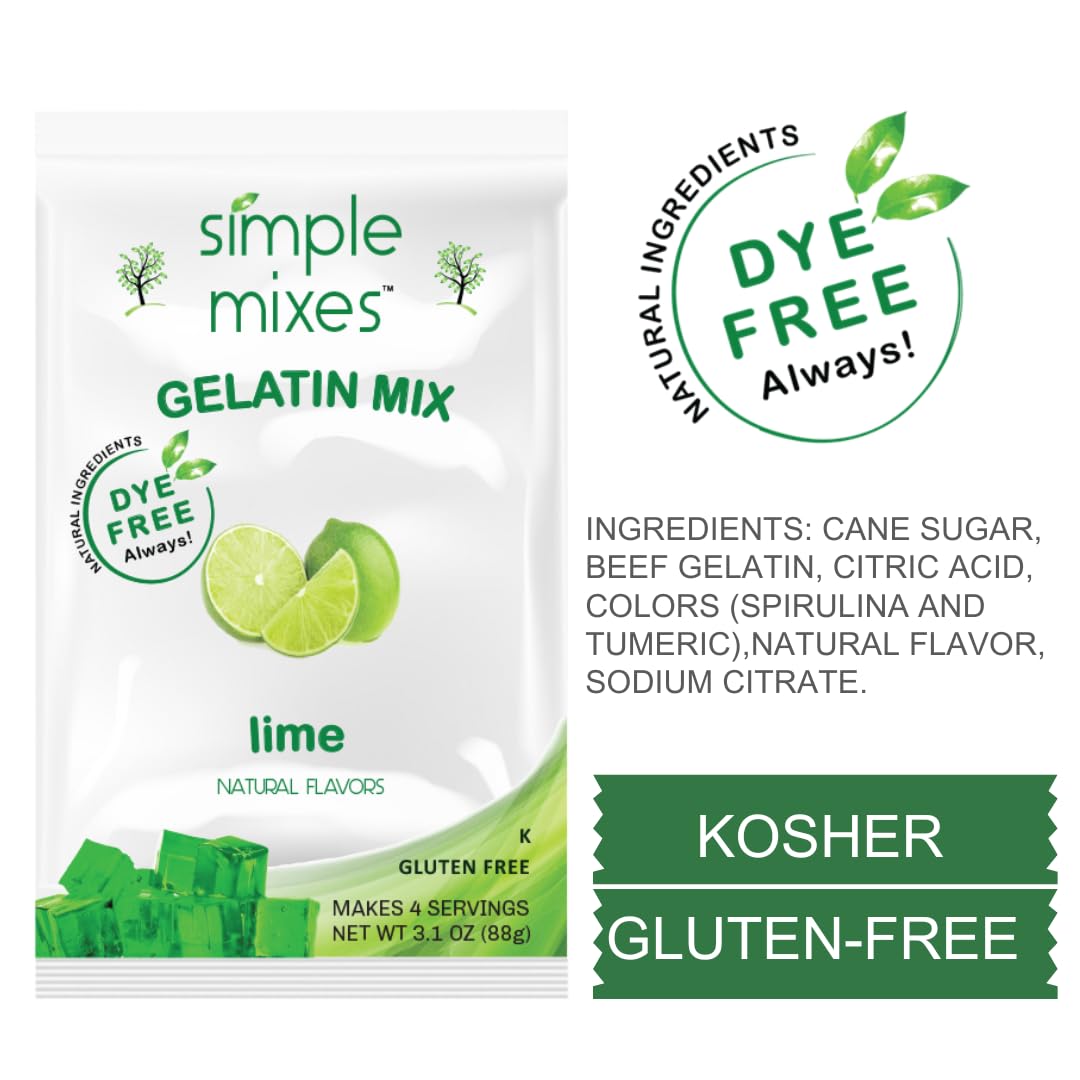 Simple Mixes Natural Gelatin Dessert, Variety Pack, Strawberry, Orange, & Lime, Healthy Snack, Dye-Free, No Gluten or Fat, Kosher, 3 Pack