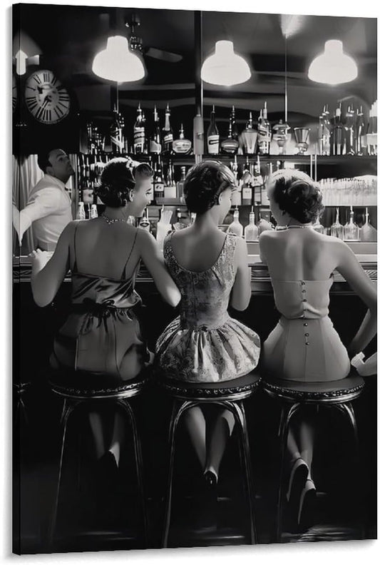 Vintage Black And White Posters Trendy Women Drink Cocktail Wall Art Funky Girly Room Decor Retro Alcohol Canvas Prints Posters Three Friends Pictures 24x36inch(60x90cm)