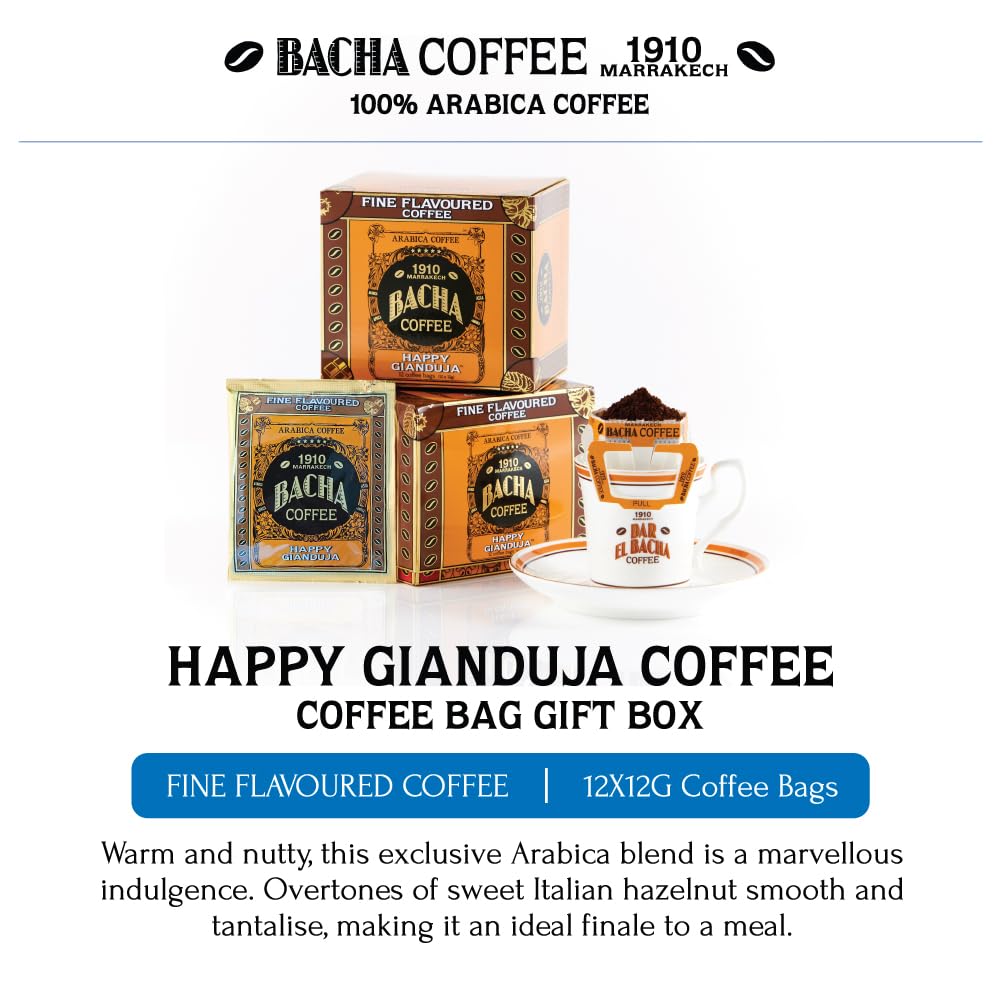 Bacha Coffee | Happy Gianduja Fine Flavoured, Medium Roast, 100% Arabica Specialty Coffee, 12 Coffee Drip Bags, Gift Box