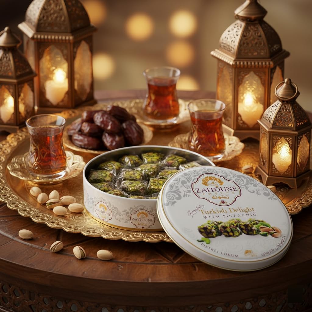 Zaitoune Pistachio Covered Turkish Delight – 0.55 lb | Stuffed with Delicious Nuts, Coated with Chopped Pistachios | Authentic Luxury Lokum Turkish Delight Candy in a Beautiful Gift Tin | Handmade & Individually Wrapped | Perfect Turkish Snacks