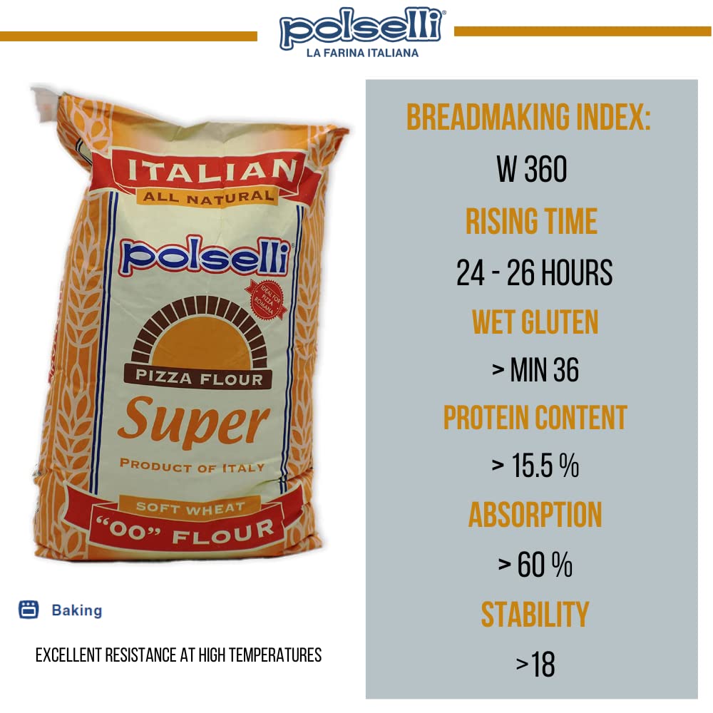 SUPER, Tipo 00 double Zero Flour, for Pizza, Bread, Pastas, and more, Specifically formulated for Roman Pizza, All Natural, Unbleached, Unbromated, No Additives, Formulated for a 72+ hour rise, (25 kg) 55 lbs by Polselli