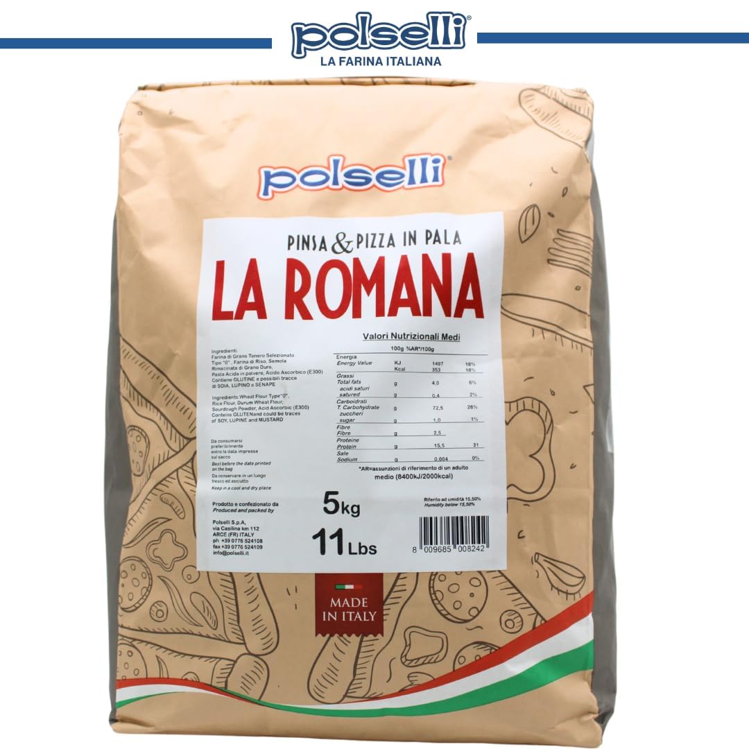 Polselli La Romana Pinsa & Pizza in Pala Flour ,11 lb – Type 0 High-Protein Wheat & Rice Flour Blend – Ideal for Roman-Style Pizza and Flatbread Light & Airy Crust, Crunchy Texture, Perfect for Sourdough & Artisan Baking