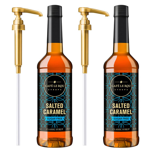 "NEW" Café Le Rou Coffee Syrup Sugar Free Salted Caramel, 25.4oz (Pack of 2)*Includes 2 Coffee Syrup Pumps*, Cafe Coffee Flavoring Syrup for Coffee, Tea, and Espresso