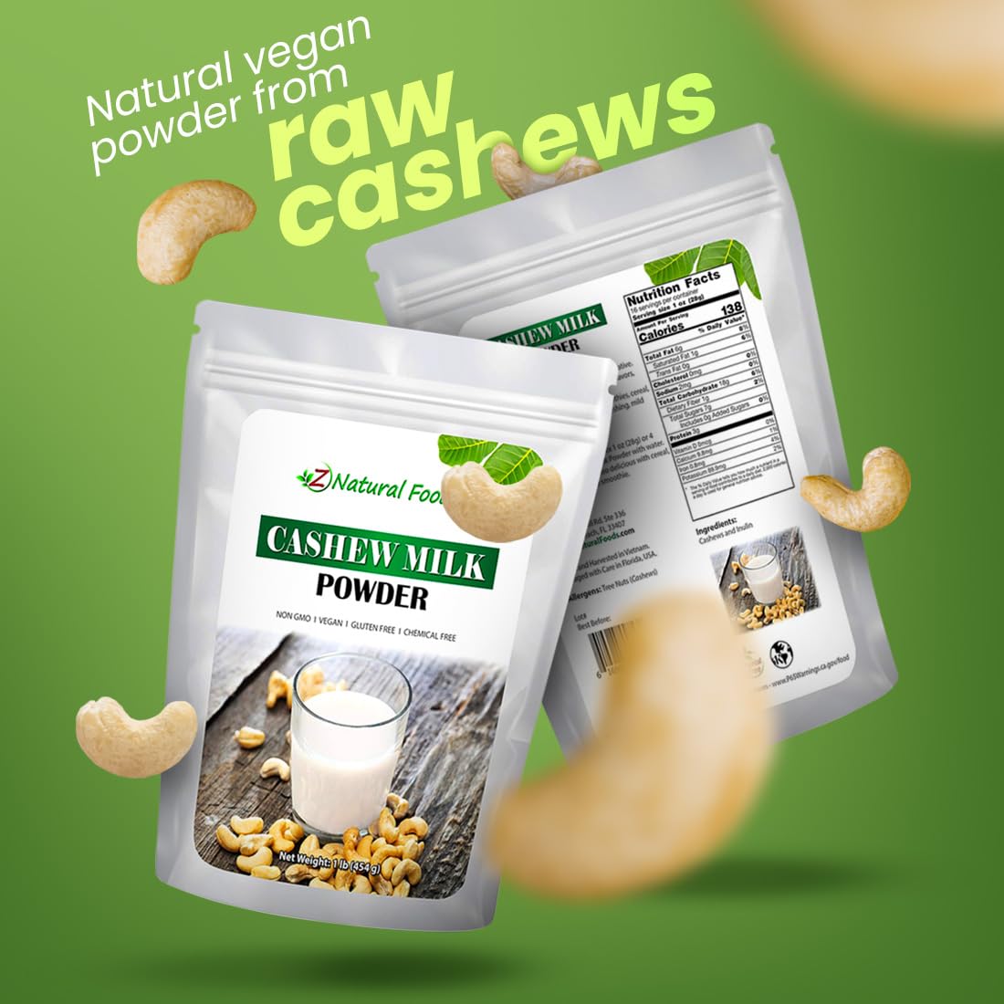 Z Natural Foods Cashew Milk Powder, Cashew Milk for Healthy Heart, Bones, and Skin, Ideal for Tea, Smoothies, and Recipes, High in Fiber, Non-GMO, Vegan, Gluten-Free, Kosher, 1 lb. (Pack of 2)