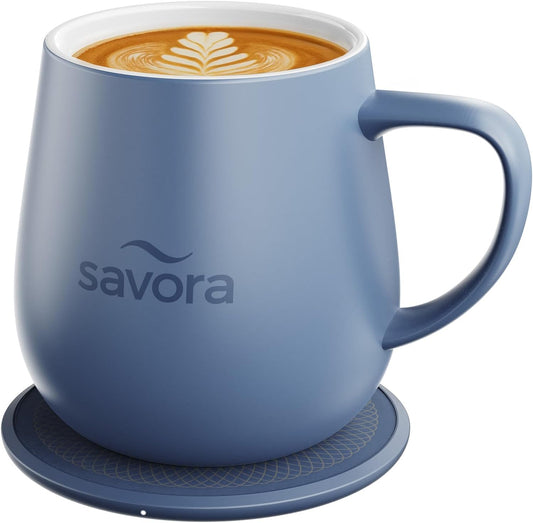 Temperature Control Smart Mug with Wireless Heating Pad - 12oz Ceramic Coffee Mug Warmer | Maintains 135°F Self Heating Cup | IntelliHeat Technology | USB-C Powered - Blue