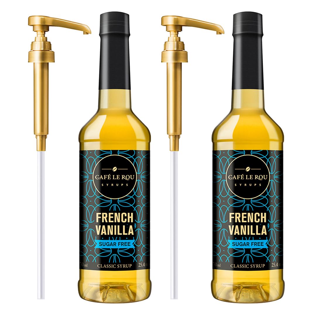 "NEW" Café Le Rou Coffee Syrup Sugar Free French Vanilla, 25.4oz (Pack of 2)*Includes 2 Coffee Syrup Pumps*Cafe Coffee Flavoring Syrup for Coffee, Tea, and Espresso