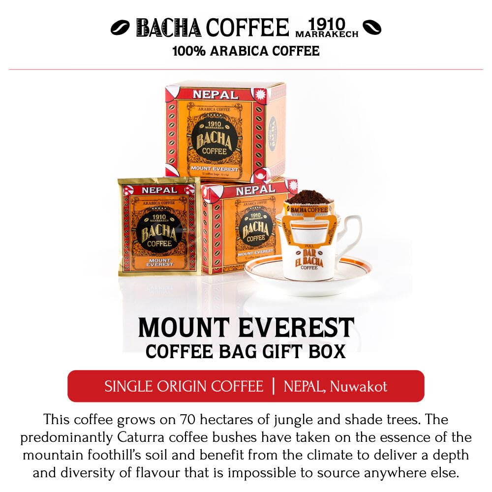 Bacha Coffee | Mount Everest Nepal Single Origin Arabica, 100% Arabica Specialty Coffee, 12 Coffee Drip Bags, Gift Box