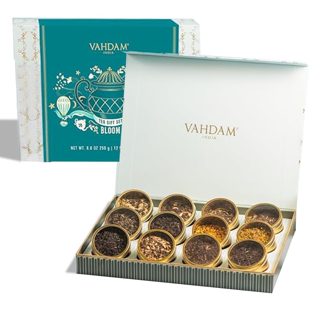 VAHDAM, Bloom - Assorted Christmas Tea Gift Sets (12 Loose Leaf Tea) Tin Caddy Presentation Box | Gluten Free, Non GMO | Holiday Gifts for Everyone