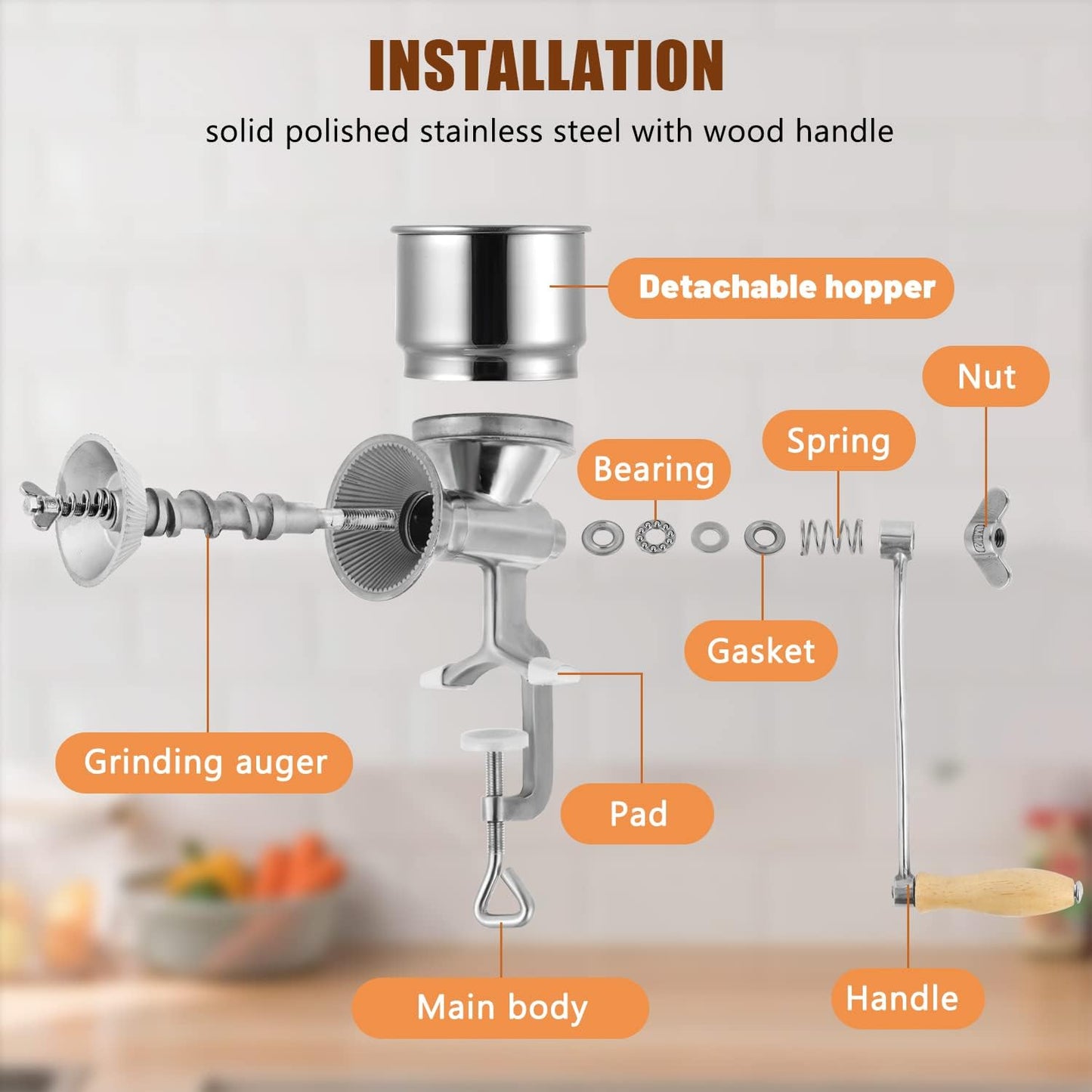 Moongiantgo Hand Grain Mill Manual Coffee Grinder Coarseness Adjustable Stainless Steel Hand Crank Grinding Tool with Table Clamp for Rice Spices Pepper Beans