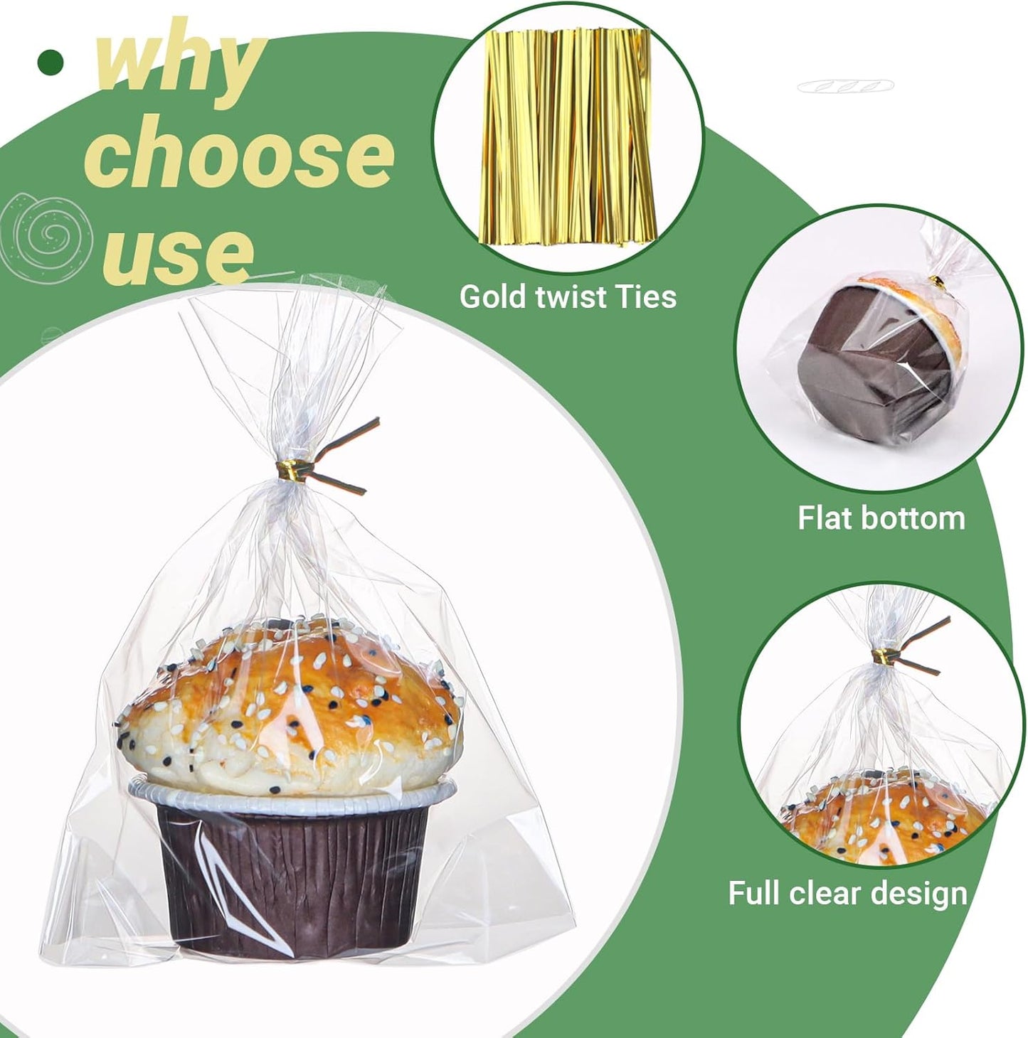 200 PCS 5x6.5 Cellophane Muffin Bags with Gold Twist Ties & Flat Bottom – Food-Safe Bakery Packaging for Cupcakes, Brownies, Cookies Macarons – Commercial-Grade for Party Favors, Catering Displays