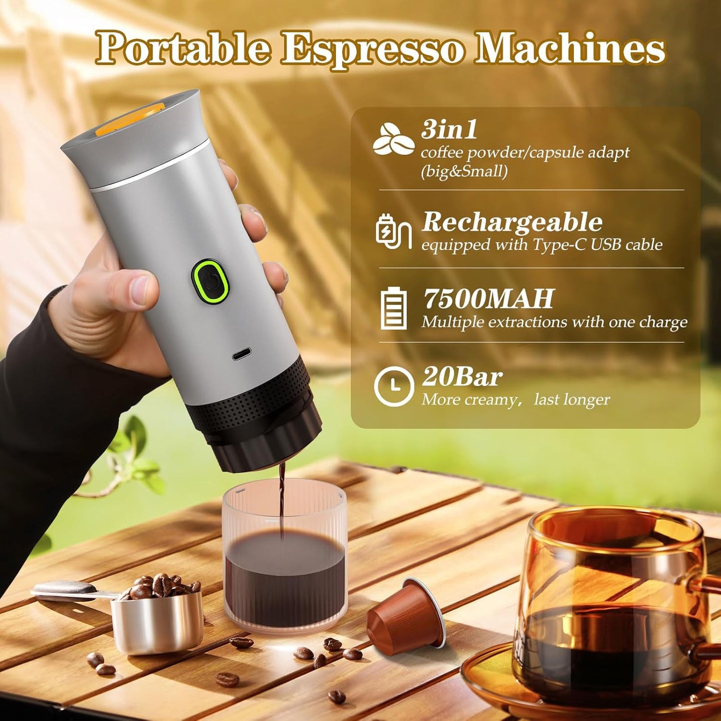 Portable Coffee Maker, Espresso Machine for camping, Travel Coffee Maker with USB-C, 3-in-1 Small Espresso Machine with Ground Coffee & Capsules (NS＆DG) for RV, Hiking, Office(Silver)