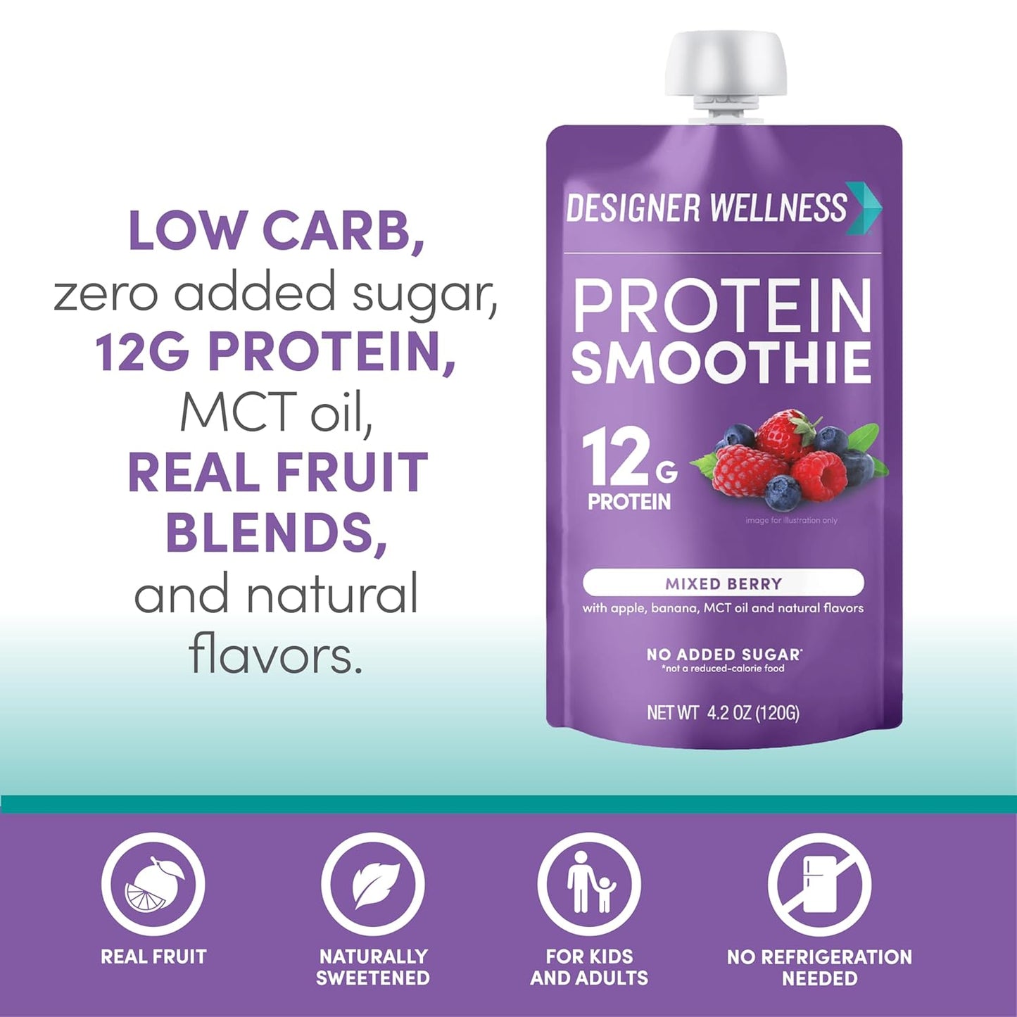 Designer Wellness Protein Smoothie, Real Fruit, 12g Protein, Low Carb, Zero Added Sugar, Gluten-Free, Non-GMO, No Artificial Colors or Flavors, Mixed Berry, 24 Count