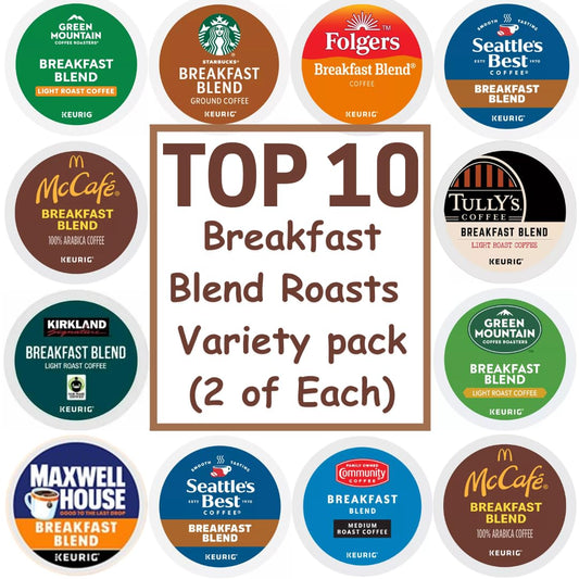 Breakfast Blend K-Cup Coffee Variety Pack, Top 10 Brands, Light & Medium Roast, 20 Count,