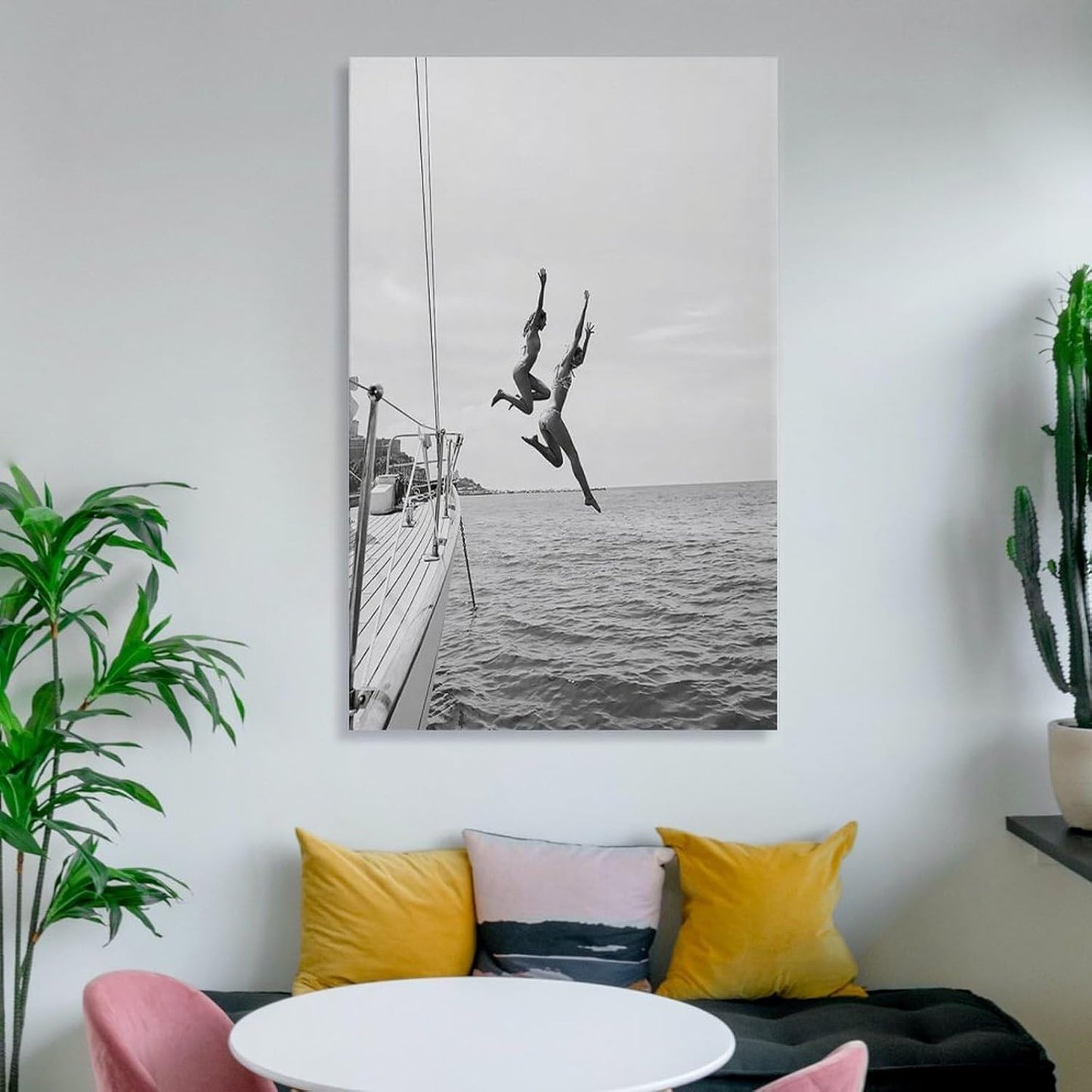 Trendy Wall Art Black And White Beach Poster Summer Ocean Jump Sail Boat Yacht Canvas Printing Art Poster, Diving Lovers Gifts, Home Wall Decoration 16x24inch(40x60cm)