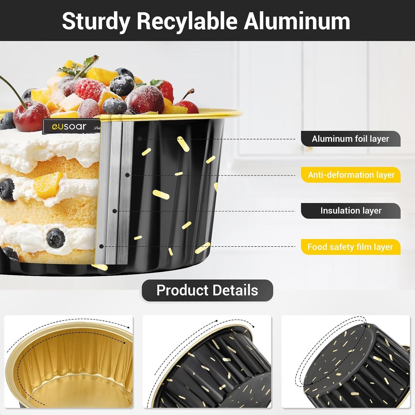 EUSOAR Disposable Ramekins with Lids, 400pcs 5oz Aluminum Foil Cupcake Liners Ramekins Cups for Baking, Dessert Cups Aluminum Cheesecake Pan Creme Brulee Baking Cups for Oven-Black Meteor Shower