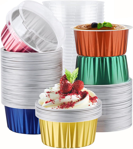 EUSOAR Disposable Ramekins with Lids, 5oz 100pcs Muffin Liners Cups with Lids, Creme Brulee Foil Ramekins, Aluminum Foil Cupcake Baking Cups, for Party Favor Birthday 5 Colors Mixed