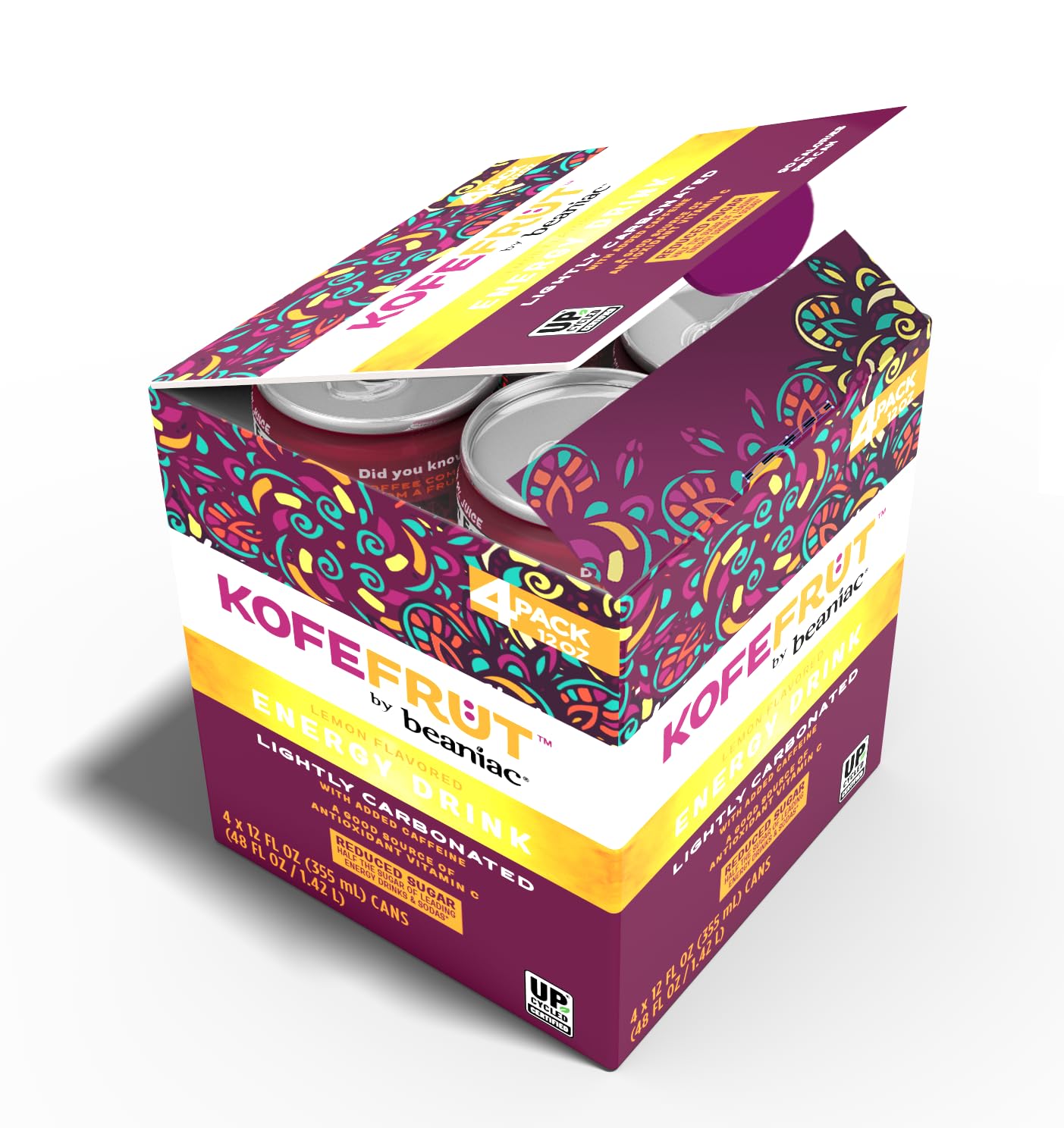 KOFEFRUT by beaniac Caffeinated Energy Drink, Lemon, Lightly Carbonated, Reduced Sugar, 80mg Caffeine, Polyphenols, Antioxidants, Vitamin C, 12 Fl Oz Can (Pack of 4)