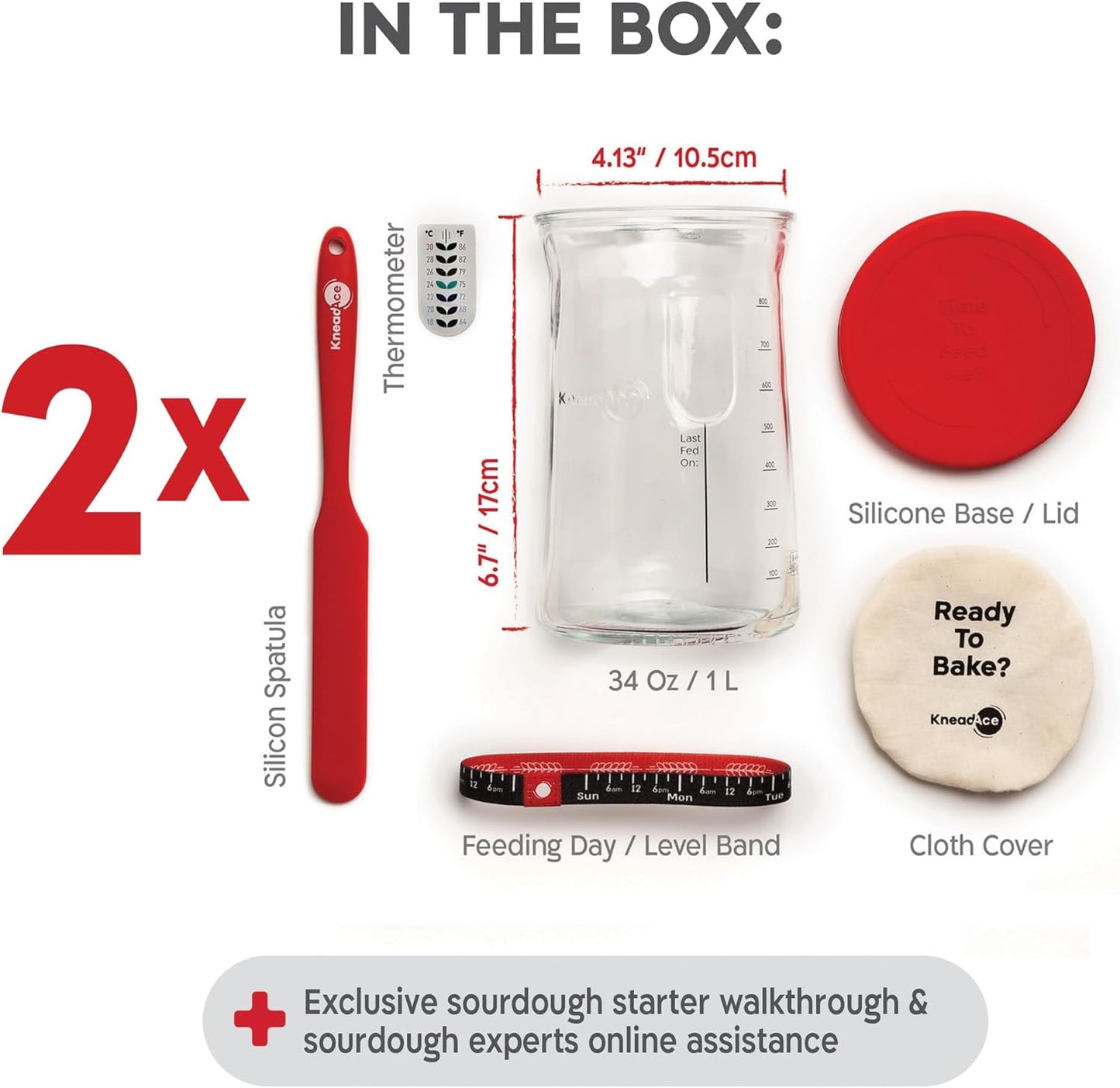 KNEADACE Pro Sourdough Starter Kit - 34oz Large Capacity Glass Fermentation Jar with Lid & Tracker, Sourdough Starter Fermenter for Homemade Sourdough, Bread Dough Prep & Culinary Fermentation, 2 Pack