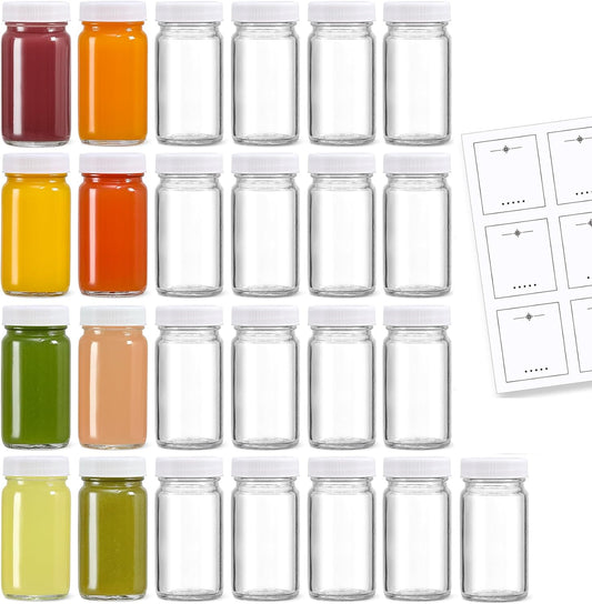 25 Pack 2 oz Glass Shot Bottles w/ White Lids & 25 Labels - Small Clear Jar for Ginger, Wellness Shot, Juice, Sample, Whiskey - Travel Essentials Mini Bottles - Wide Mouth, Leakproof, Dishwasher Safe