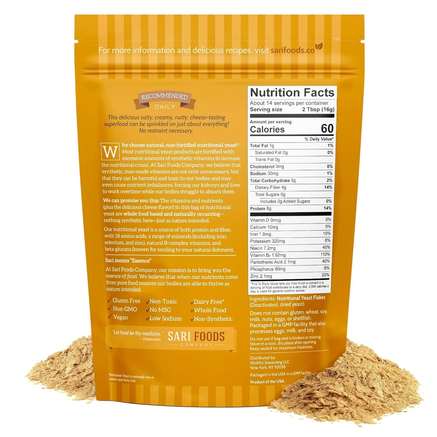 Sari Foods Non-Fortified Nutritional Yeast Flakes - 8oz - Superfood, Protein. Gluten Free & Dairy Free Vegan Cheese Parmesan Substitute, Vitamins B, Beta-glucans & 18 Amino Acids