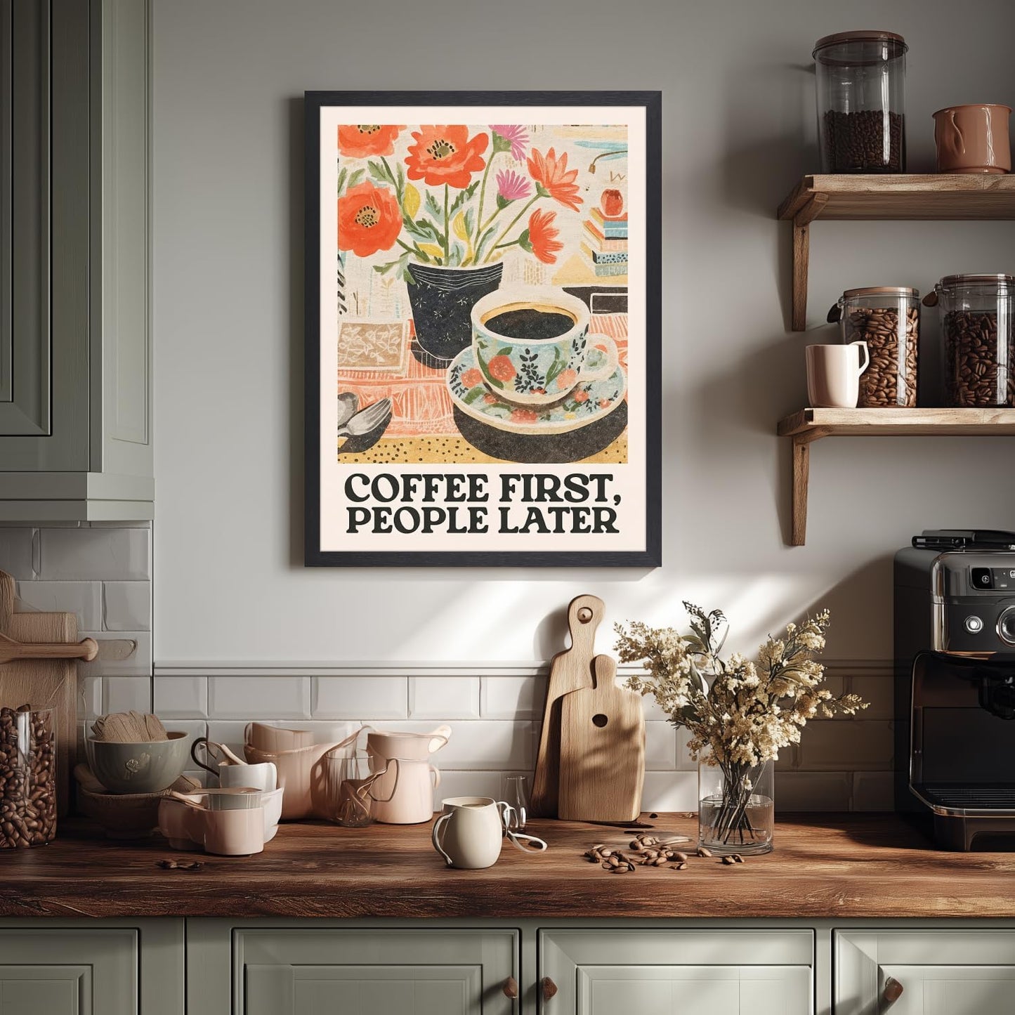 GELDSTEI Wood Framed Retro Coffee Wall Art, Vintage Cafe Wall Decor, Coffee First People Later Canvas Painting, Classical Cafe Bar Poster Print for Kitchen Dining Room Home Office 12"x16"