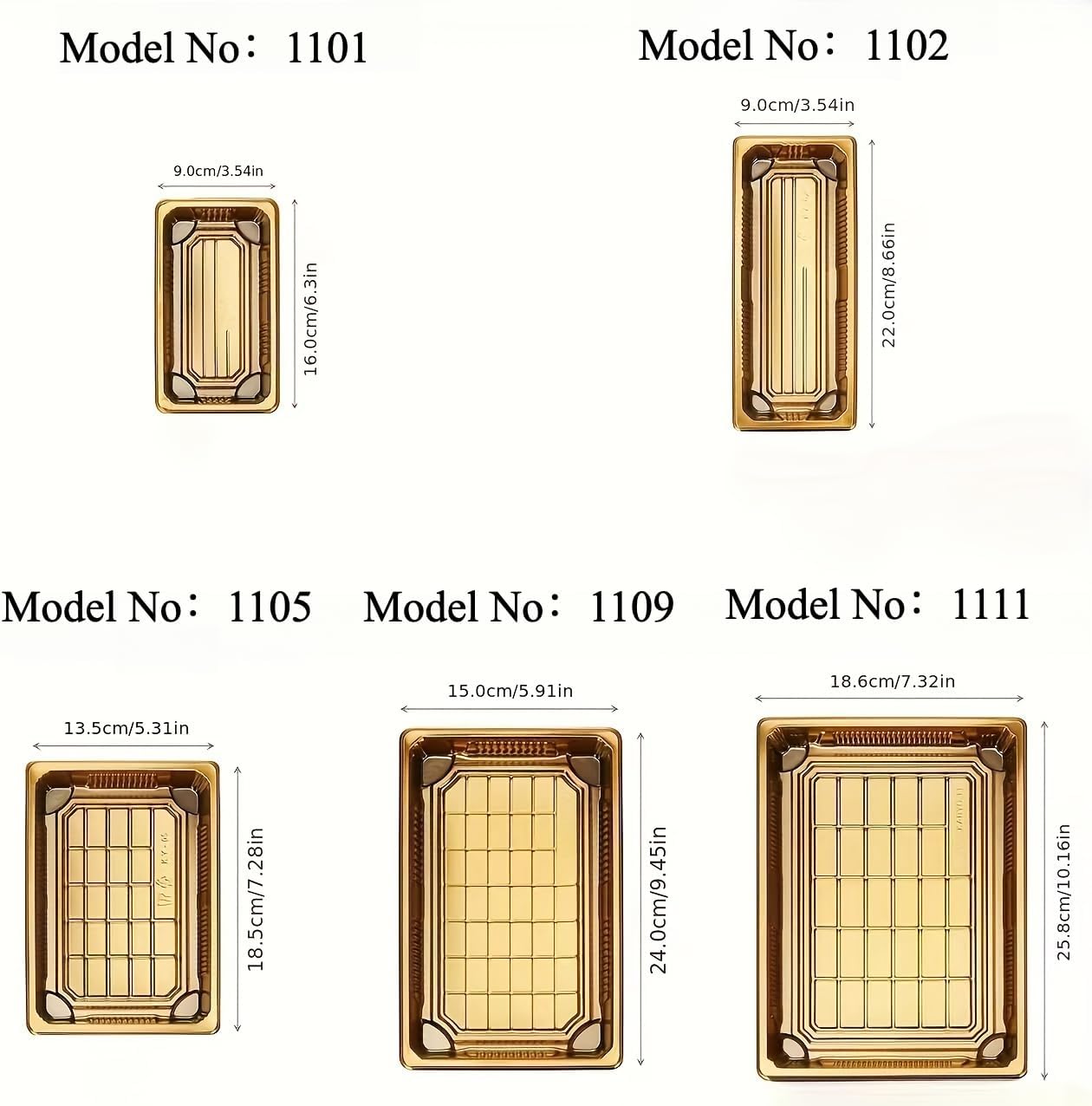 10 Pack Gold Rectangular Sushi Containers with Clear Lids – Disposable Plastic Food Boxes for Party, Takeout & Catering – Elegant, Stackable Trays for Sushi, Snacks & Desserts(Model No.1109)