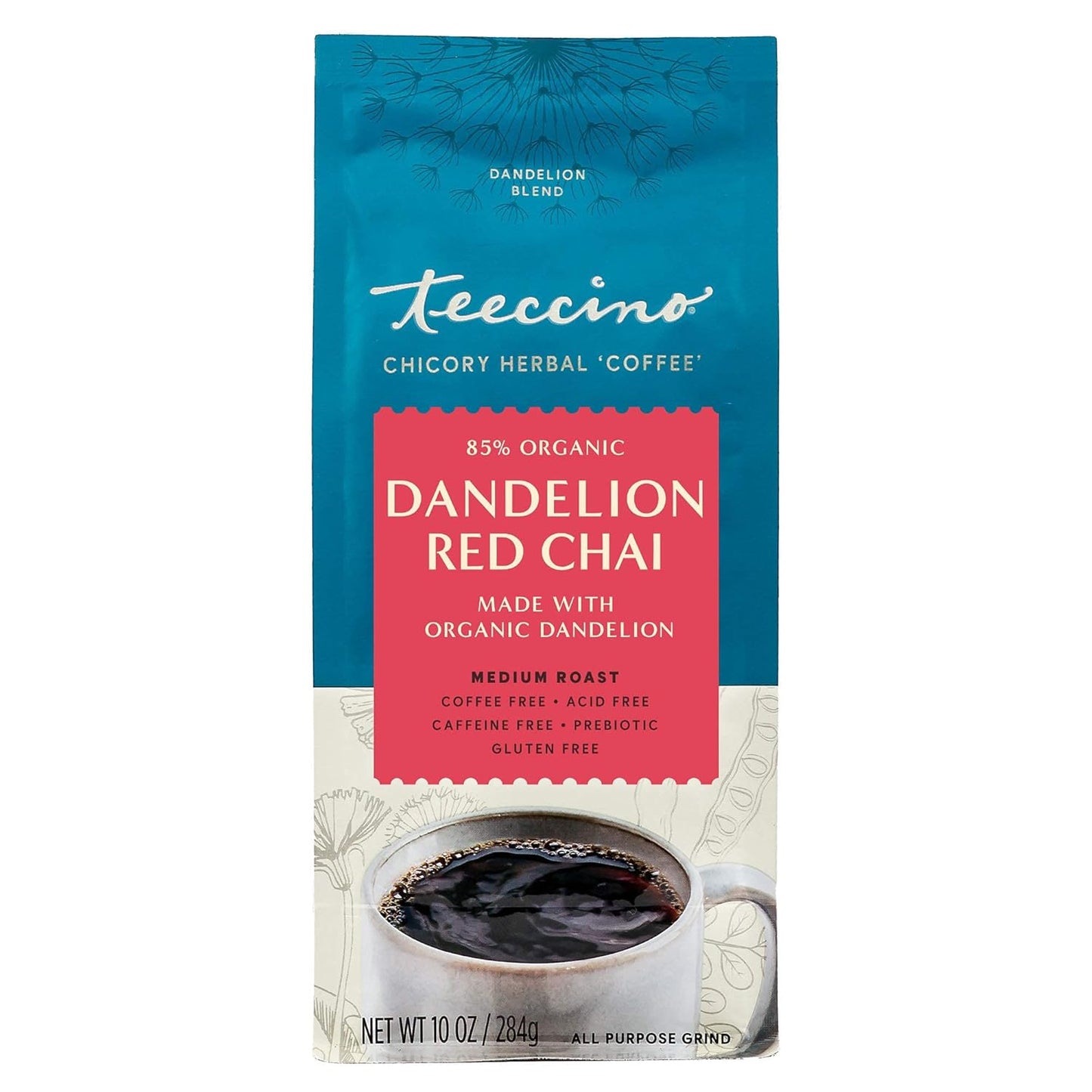 Teeccino Dandelion Red Chai Herbal Coffee - Caffeine-Free Coffee Alternative with Prebiotics, Gluten Free, Acid Free - Medium Roast, 10 oz