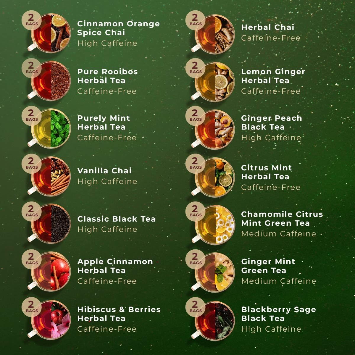 Gya Tea Co 14 Flavors Merry Tea Gift Set Variety Pack (28 Packs) - Assorted Loose Leaf Tea Sampler for Warm Holidays - Get Well Gifts With Infuser & Spoon