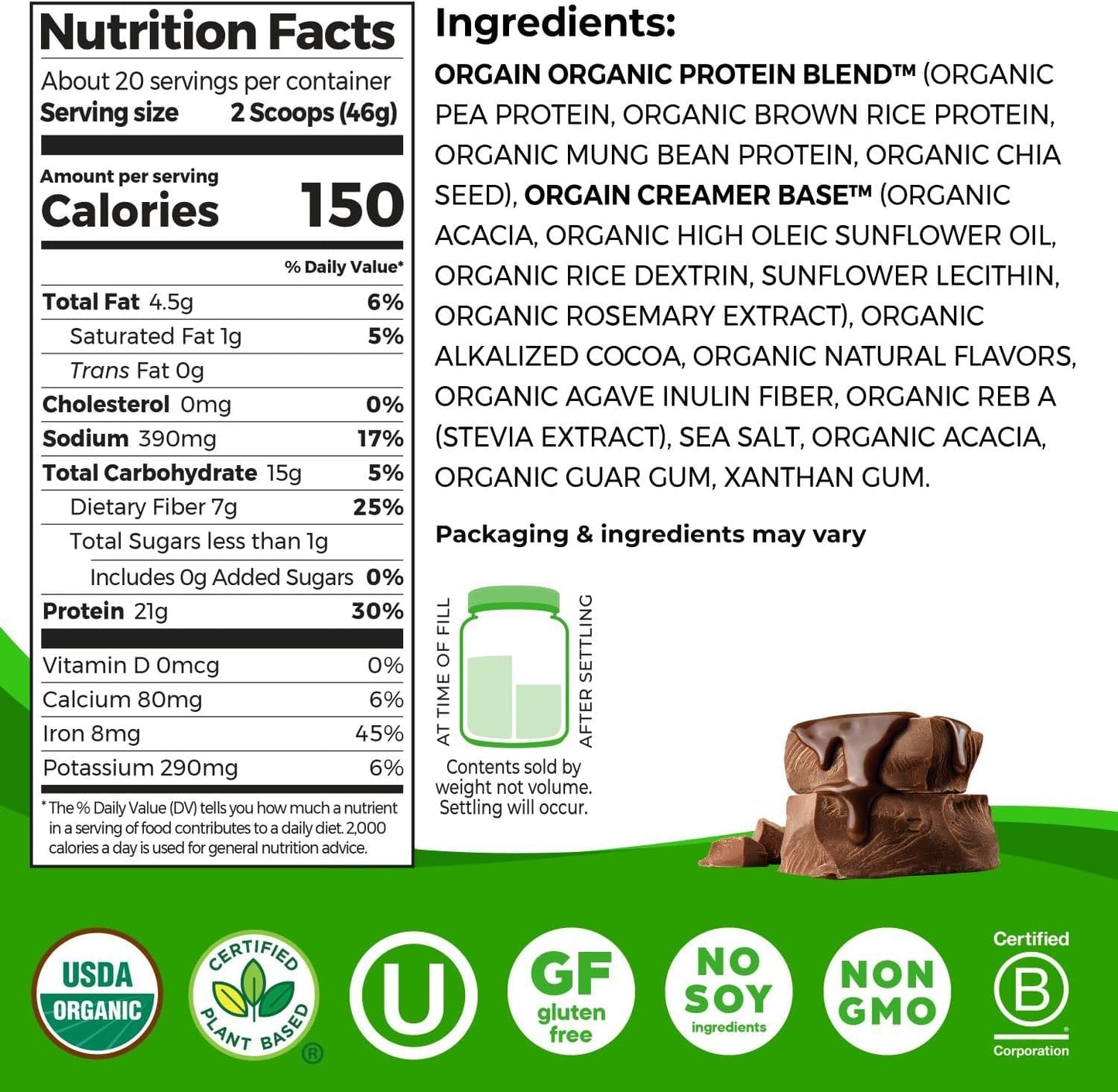 Orgain Organic Vegan Protein Powder, Creamy Chocolate Fudge - 21g Plant Protein, 6g Prebiotic Fiber, Low Net Carb, No Lactose Ingredients, No Added Sugar, Non-GMO, For Shakes & Smoothies, 2.03 lb