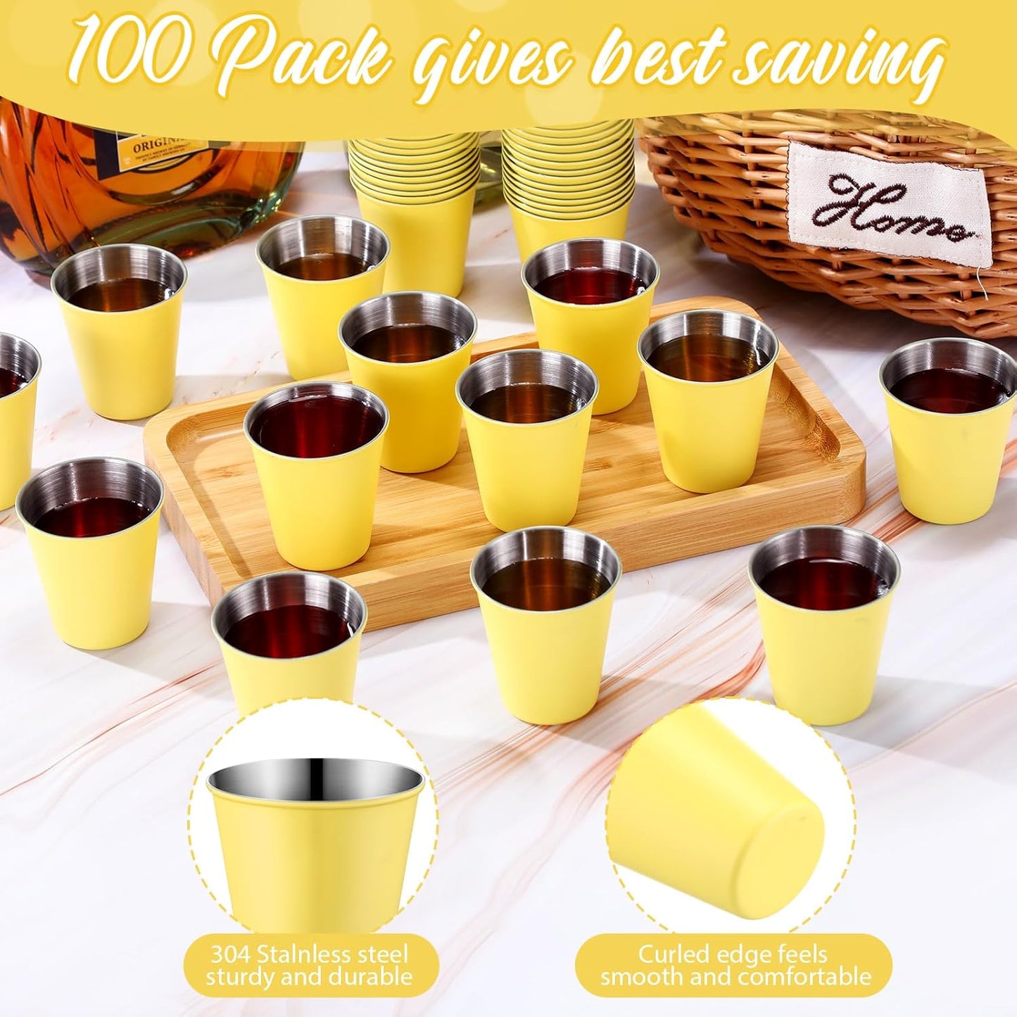Lallisa 100 Pcs 2 oz Stainless Steel Shot Glasses Metal Cups Small Unbreakable Shot Glass for Espresso Whiskey Bar Home Restaurant Camping Barware Gift (Gold)