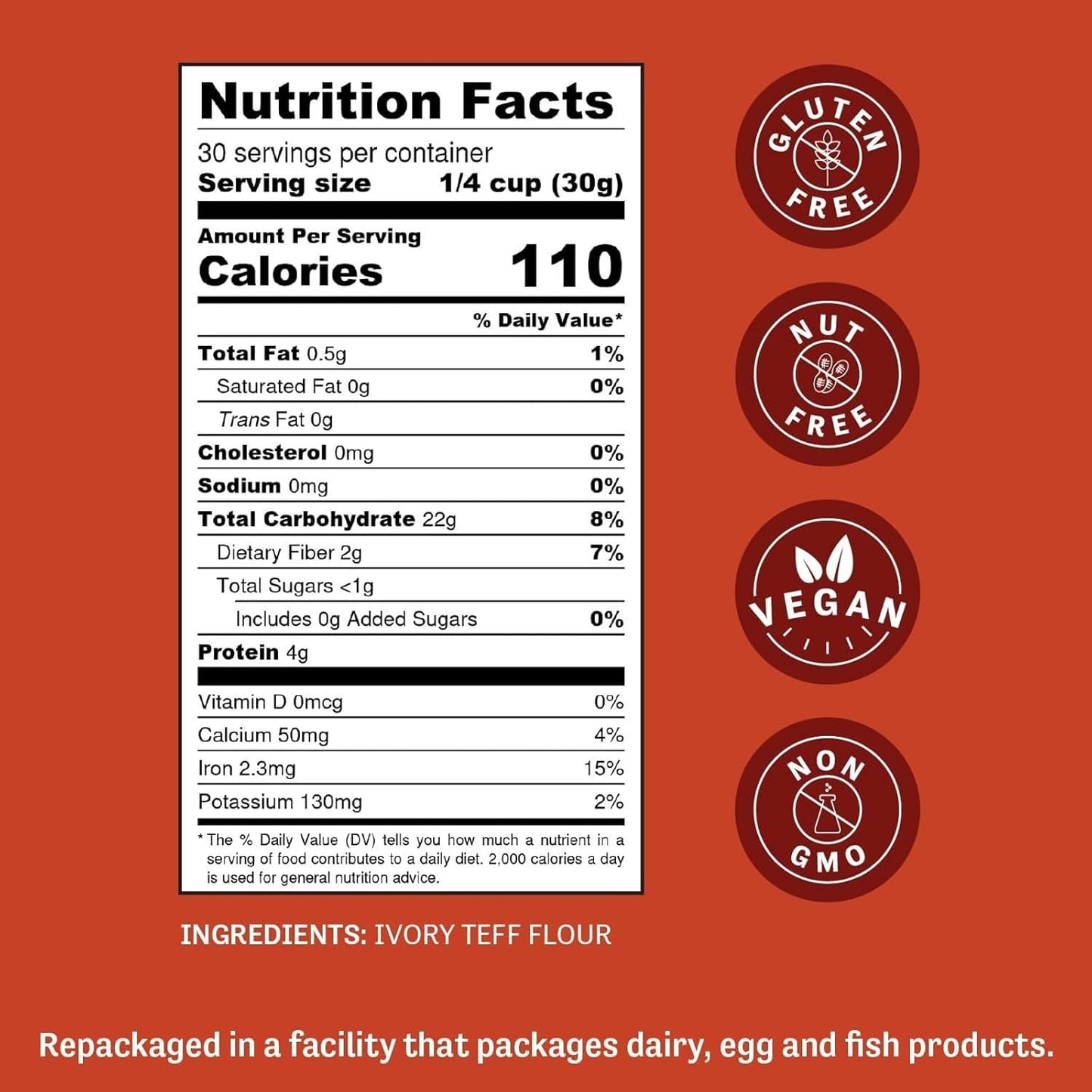 Judee's Ivory Teff Flour 2 lb - Non-GMO, Vegan, Made in USA - Resistant Starch - Great for Making Quick Teff Bread, Injera, Muffins, Pancakes, and Cookies - Gluten-Free and Nut-Free