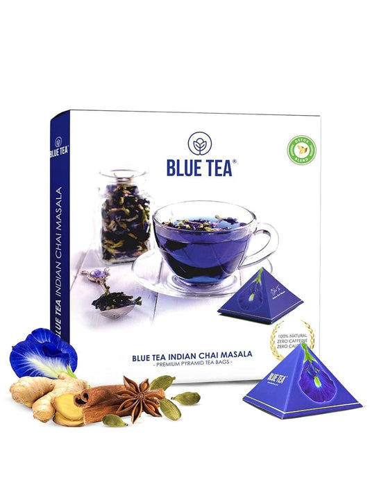 BLUE TEA - Indian Chai Masala - 12 Count - Pyramid Plant Based Tea Bag | Butterfly Pea Flower | Flower & Indian Spices Based | Caffeine Free - Detox Tea - Herbal Tea - Non Bitter | Gifts Box