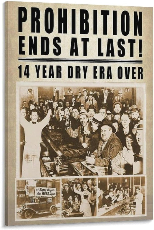 End At Last Prohibition 1933 Repeal - Newspaper Print Poster, Bar Cart Decor, Vintage Sign, Canvas Printing Office Decoration Poster for Living Room Bedroom, Office Decor 16x24inch(40x60cm)