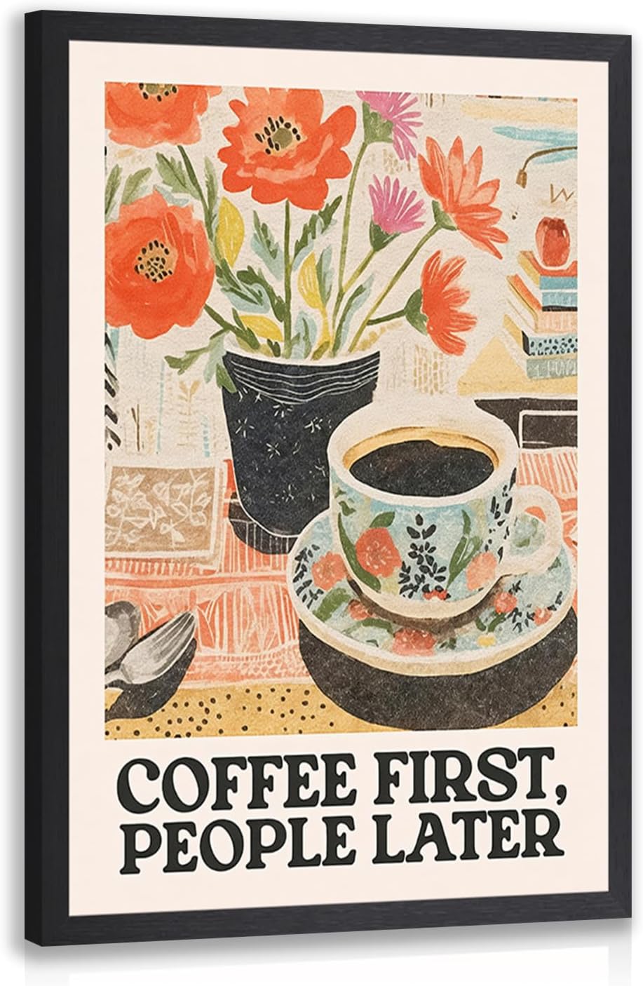 GELDSTEI Wood Framed Retro Coffee Wall Art, Vintage Cafe Wall Decor, Coffee First People Later Canvas Painting, Classical Cafe Bar Poster Print for Kitchen Dining Room Home Office 16"x24"