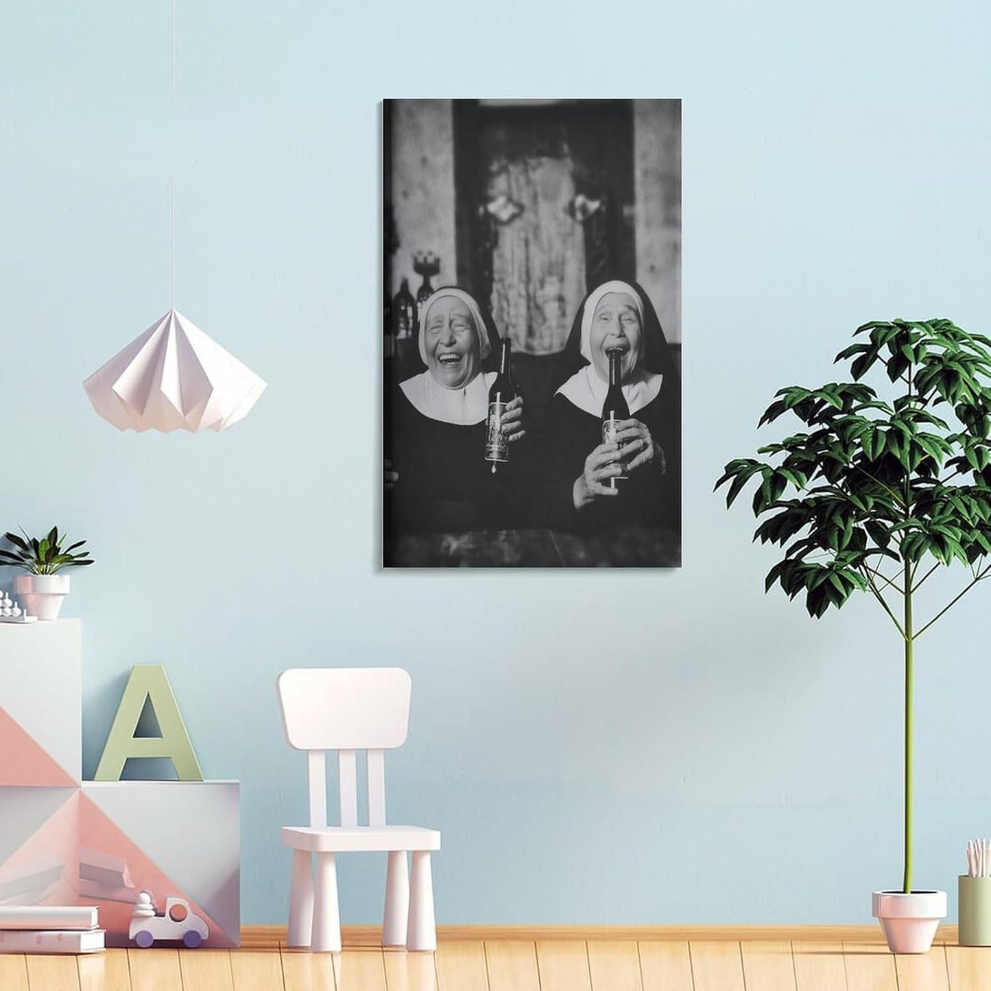 Nuns Drinking Wine Funny Living Room Print Humor Wall Art Decor Canvas Printing Poster, for Hallway Entry Or Living Room Vintage Funny Girls Portrait Gift for Friend 12x18inch(30x45cm)