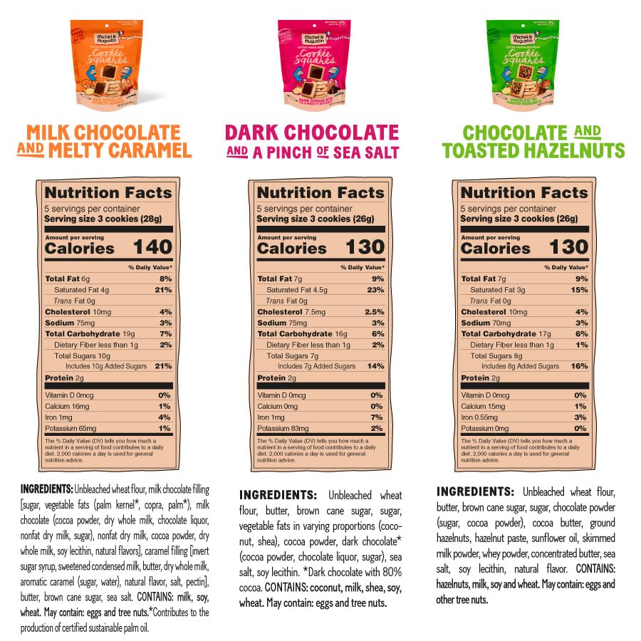 Michel et Augustin Cookies, Individually Wrapped Snacks, 3 Bag Variety Pack, Gourmet Chocolate Shortbread, 15 French Butter Cookies per bag