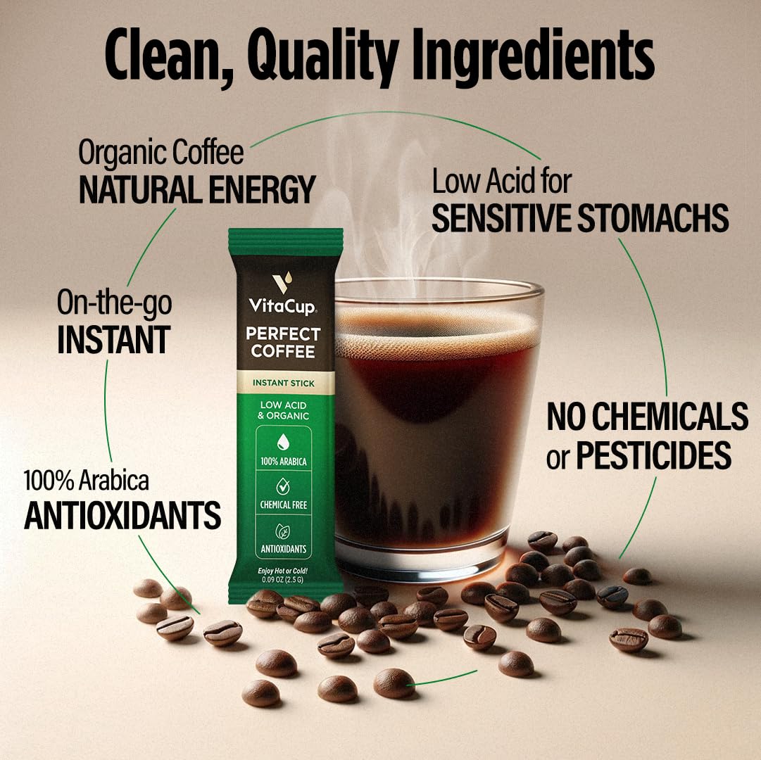 VitaCup Perfect Low Acid Instant Coffee Packets, Dark Roast Coffee, USDA Organic & Fair Trade, Third Party Tested for Mycotoxins & Pesticides, Single Origin, Clean & Pure, 24 ct