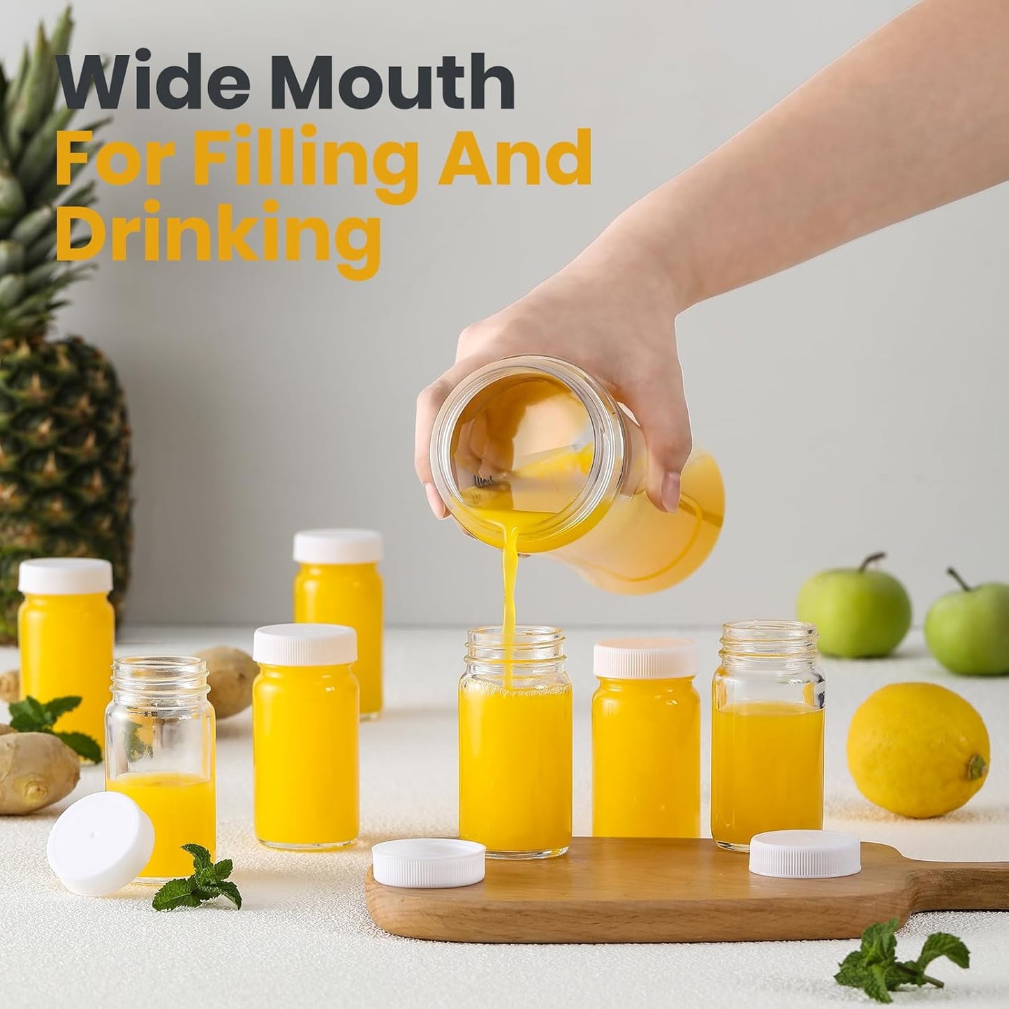 30 Pack 2 oz Glass Shot Bottles w/ White Lids & 30 Labels - Small Clear Jar for Ginger, Wellness Shot, Juice, Sample, Whiskey - Travel Essentials Mini Bottles - Wide Mouth, Leakproof, Dishwasher Safe