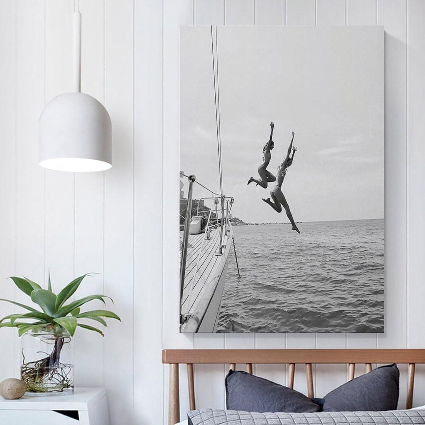 Trendy Wall Art Black And White Beach Poster Summer Ocean Jump Sail Boat Yacht Canvas Printing Art Poster, Diving Lovers Gifts, Home Wall Decoration 16x24inch(40x60cm)