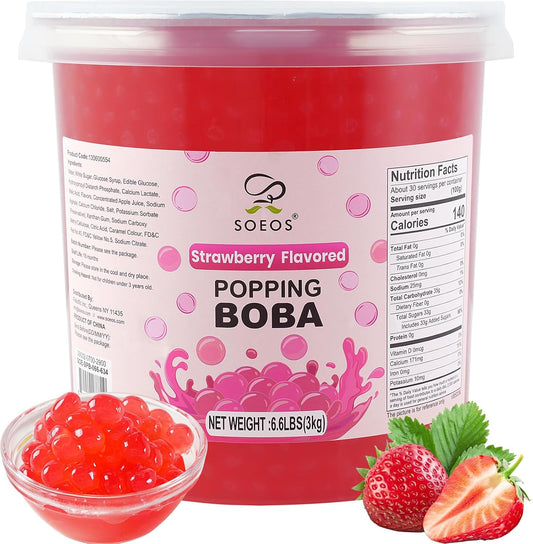Soeos Strawberry Popping Boba Pearls 6.6 Pounds, Bursting Boba Pearls for Bubble Tea, Beverages, Shakes, Desserts, Smoothie and Ice Cream Topping