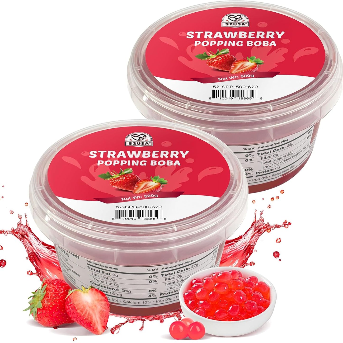 52USA Strawberry Popping Boba (1000g), Popping Pearls for Bubble Tea, Beverages, Sweets, Ice Cream, Shakes, Desserts & Smoothies Topping, 1.1 Pound (Pack of 2)