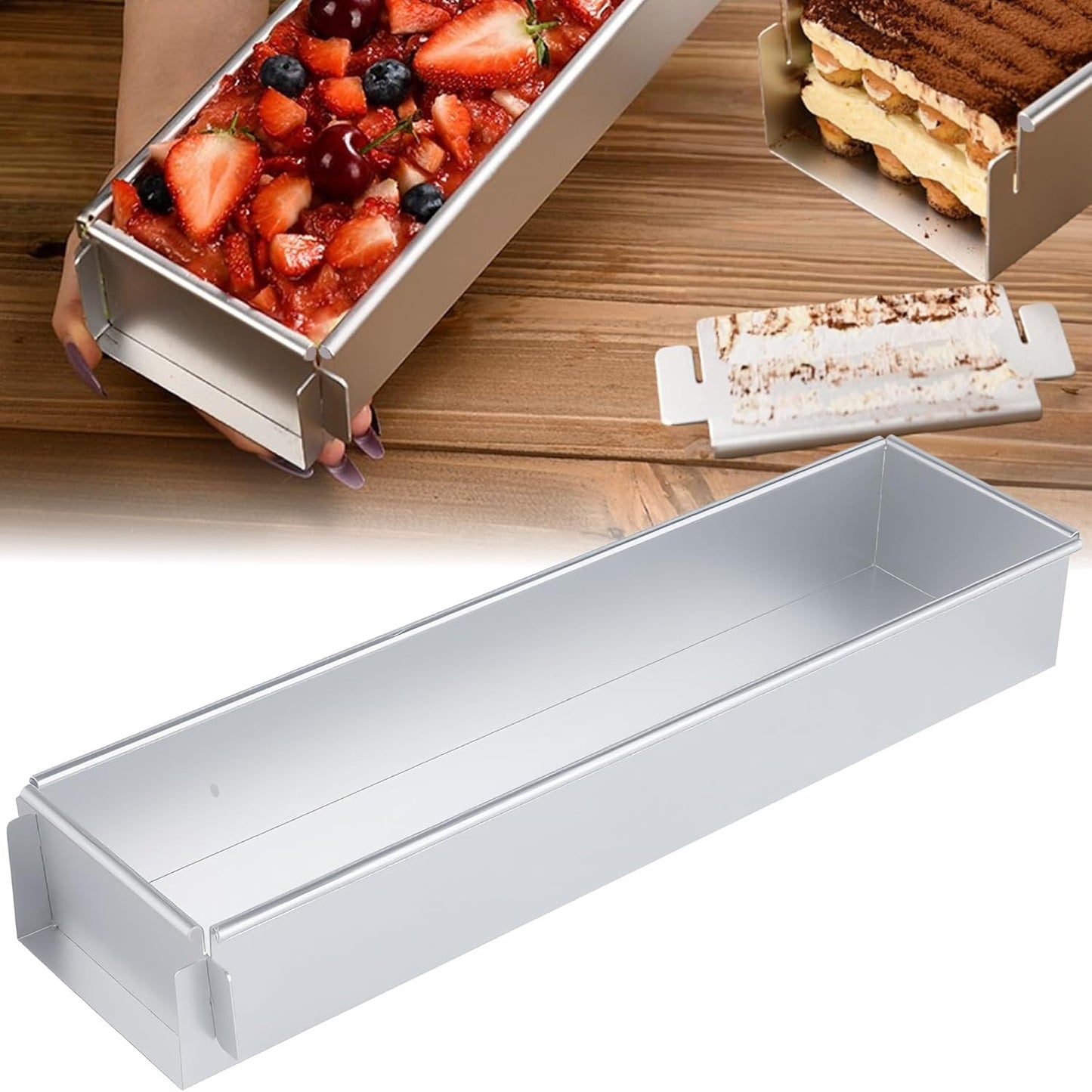 Aluminum Alloy Long Rectangle Tiramisu Cake Pan, Nonstick Baking Mold with Removable Frame for Cheesecake, Mousse, Brownies